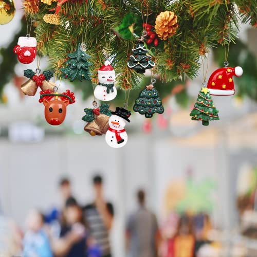 26pcs Christmas Resin Miniature Ornaments, Christmas Miniature Ornament Kits, Mini Christmas Ornaments, Santa/Snowman/Elk/Bell/Christmas Tree/Gift Box/Christmas Hat, for Hanging with Strings