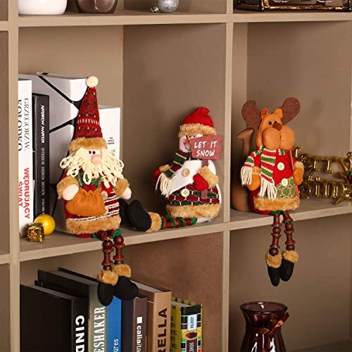 KAHEIGN 3Pcs Christmas Plush Figurines, Christmas Sitting Santa Claus Snowman Reindeer Christmas Ornament Long Legs Figurine for Table Fireplace Decor Home Decoration