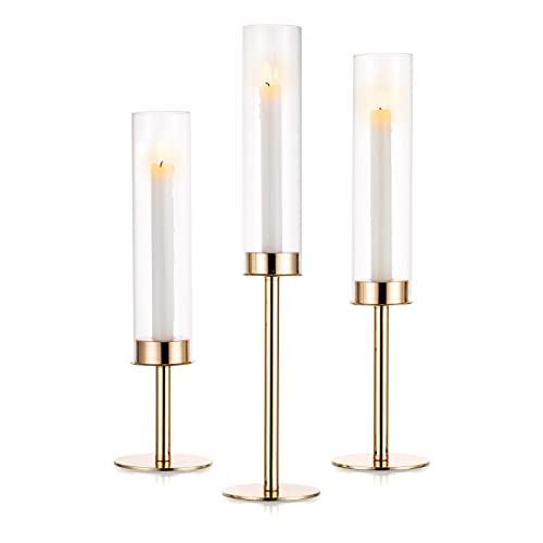 Nuptio Hurricane Candlestick Holder Gold: Clear Glass Metal Candle Holders for Taper Candle Stick Tall Open Ended Candleholder Cylinder Shade Wedding Party Table Centrepiece Decor, Set of 3