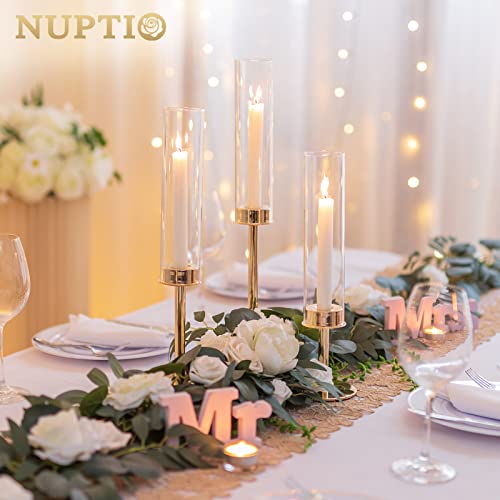 Nuptio Hurricane Candlestick Holder Gold: Clear Glass Metal Candle Holders for Taper Candle Stick Tall Open Ended Candleholder Cylinder Shade Wedding Party Table Centrepiece Decor, Set of 3