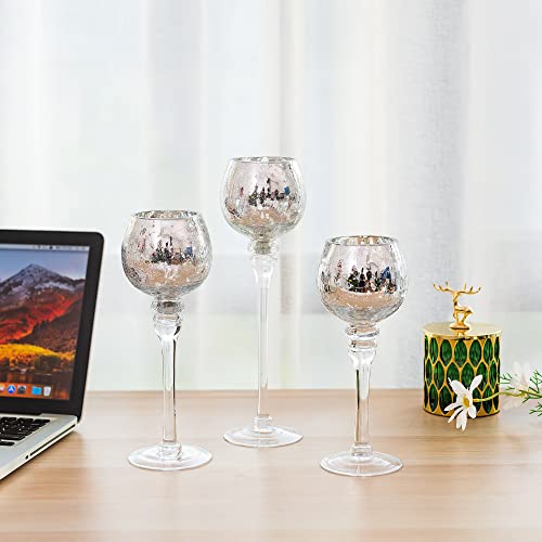 Inweder Tea Light Holders Glass - 3Pcs Mercury Glass Tealight Holders Silver Candle Holders for Christmas Wedding Home Decor Candlestick Holder Tea Light Candle Holder Fit Pillar and Floating Candles