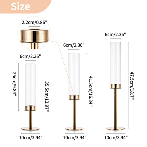 Nuptio Hurricane Candlestick Holder Gold: Clear Glass Metal Candle Holders for Taper Candle Stick Tall Open Ended Candleholder Cylinder Shade Wedding Party Table Centrepiece Decor, Set of 3