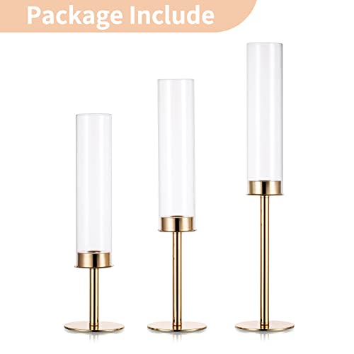 Nuptio Hurricane Candlestick Holder Gold: Clear Glass Metal Candle Holders for Taper Candle Stick Tall Open Ended Candleholder Cylinder Shade Wedding Party Table Centrepiece Decor, Set of 3