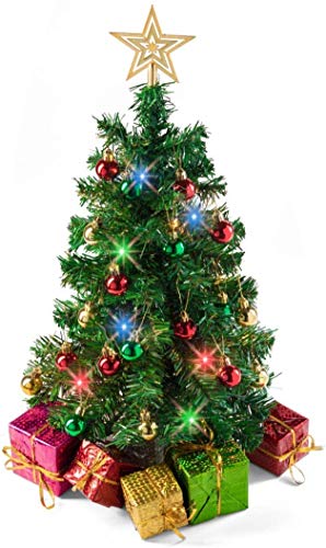 Prextex Tabletop Christmas Tree (Stand) with Multi-Color LED Lights (UK Plug), Star Treetop and 5 Gift Boxes, Small Xmas Tree Decorations