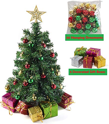 Prextex Tabletop Christmas Tree (Stand) with Multi-Color LED Lights (UK Plug), Star Treetop and 5 Gift Boxes, Small Xmas Tree Decorations