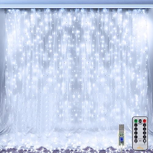 Ollny Curtain Lights Indoor - 300 LED 3m x 3m Outdoor Fairy Lights USB Powered Waterproof Cool White String Lights with 8 Modes/Timer/Remote for Bedroom/Outside/Wall/Door/Gazebo/Garden Decorations