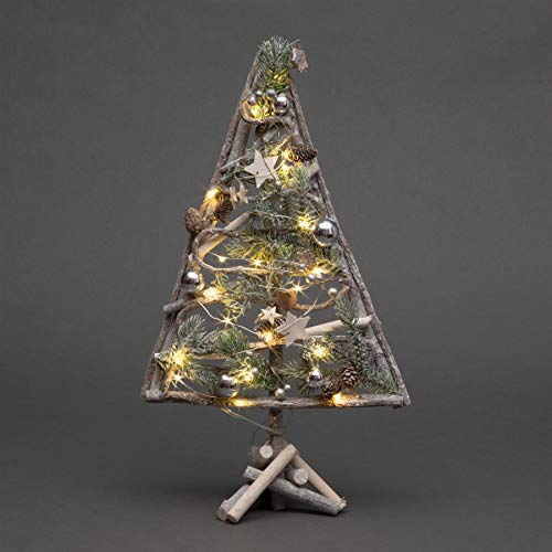 SHATCHI Christmas Pre-Lit Warm White LED Frame Tabletop Centrepiece Decoration with Pinecones and Baubles Holiday Home Décor Star/Rectangle, Wood, Wooden Tree, 48 X 28 CM