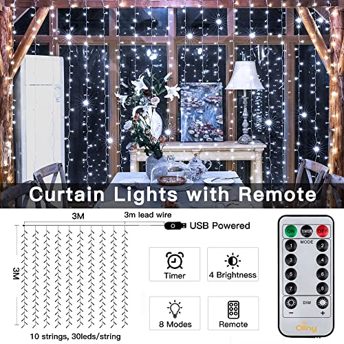 Ollny Curtain Lights Indoor - 300 LED 3m x 3m Outdoor Fairy Lights USB Powered Waterproof Cool White String Lights with 8 Modes/Timer/Remote for Bedroom/Outside/Wall/Door/Gazebo/Garden Decorations