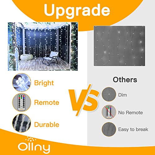 Ollny Curtain Lights Indoor - 300 LED 3m x 3m Outdoor Fairy Lights USB Powered Waterproof Cool White String Lights with 8 Modes/Timer/Remote for Bedroom/Outside/Wall/Door/Gazebo/Garden Decorations