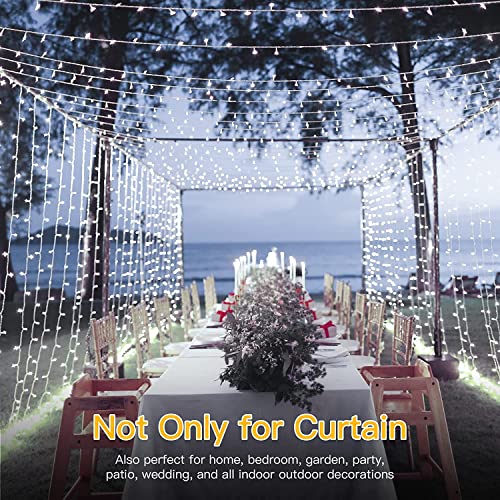 Ollny Curtain Lights Indoor - 300 LED 3m x 3m Outdoor Fairy Lights USB Powered Waterproof Cool White String Lights with 8 Modes/Timer/Remote for Bedroom/Outside/Wall/Door/Gazebo/Garden Decorations