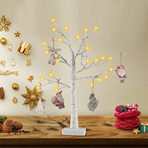 Twig Tree With Lights - Table Top Christmas Tree, 24 LEDs 2ft White Birch Light Up Tree with 6 Christmas Decoration Baubles