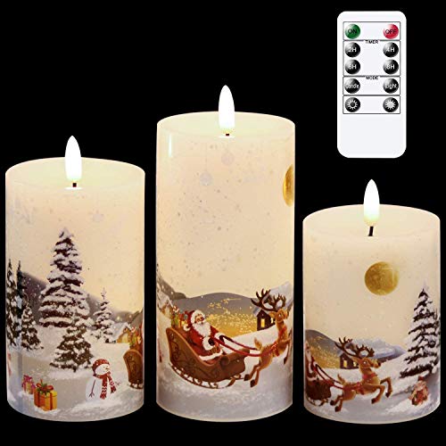Eldnacele Christmas Flameless Candles Flickering with Remote Timer 3D Wick Snowman Stanta Scene Real Wax LED Candles for Christmas Home Decoration Powered by 2 AA Batteries, 3 Pack