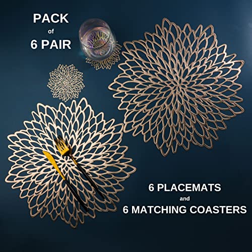 6 Pairs Gold Metallic Placemats and Matching Coasters Leaf Laminated Vinyl Plastic Dining Table Decorations for Christmas Thanksgiving Holiday Party Wedding by Snowkingdom