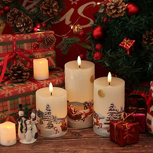 Eldnacele Christmas Flameless Candles Flickering with Remote Timer 3D Wick Snowman Stanta Scene Real Wax LED Candles for Christmas Home Decoration Powered by 2 AA Batteries, 3 Pack
