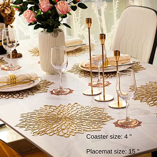 6 Pairs Gold Metallic Placemats and Matching Coasters Leaf Laminated Vinyl Plastic Dining Table Decorations for Christmas Thanksgiving Holiday Party Wedding by Snowkingdom
