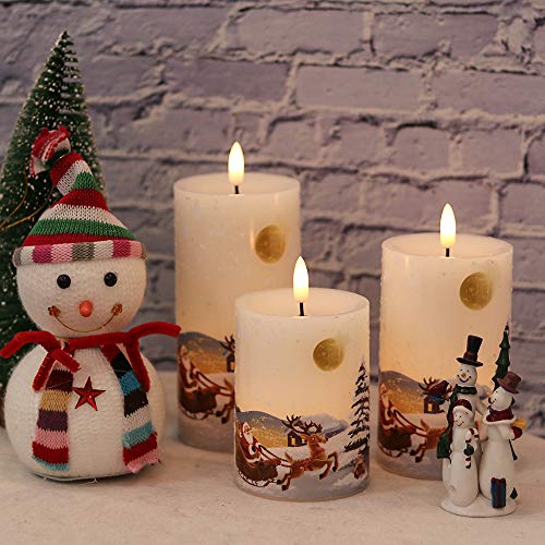Eldnacele Christmas Flameless Candles Flickering with Remote Timer 3D Wick Snowman Stanta Scene Real Wax LED Candles for Christmas Home Decoration Powered by 2 AA Batteries, 3 Pack