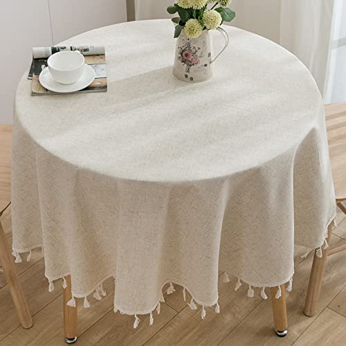 TACYKIBD Table Cloth Round Tablecloth, Cotton Linen Solid Color Tablecloth, Washable Tassel Table Cover Table Linener for Kitchen Dining Picnic Party Christmas Tabletop Decoration (150cm, Beige)