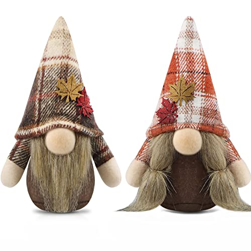 Gehydy Set of 2 Autumn Gonk Plush Thanksgiving Fall Tiered Tray Decorations Handmade Gnome Tomte Maple leaf Home Ornaments Buffalo Plaid Tabletop Party Figurines