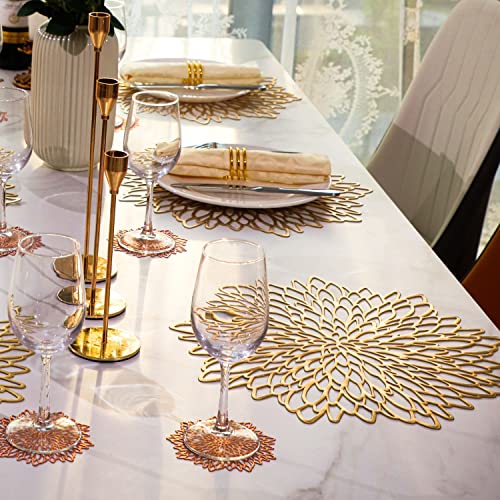 6 Pairs Gold Metallic Placemats and Matching Coasters Leaf Laminated Vinyl Plastic Dining Table Decorations for Christmas Thanksgiving Holiday Party Wedding by Snowkingdom