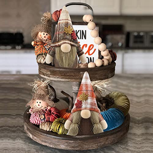 Gehydy Set of 2 Autumn Gonk Plush Thanksgiving Fall Tiered Tray Decorations Handmade Gnome Tomte Maple leaf Home Ornaments Buffalo Plaid Tabletop Party Figurines