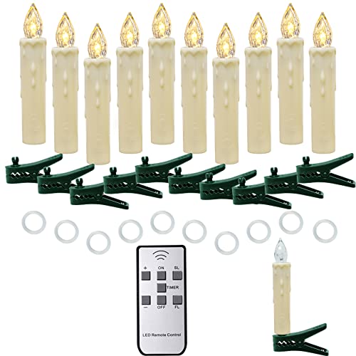 Ymenow Christmas Candles with Remote Timer, 10pcs (1.5 * 9cm) Waterproof Battery Operated Christmas Tree LED Taper Candles Floating Candles with 10 Clips for Xmas Tree Home Garden Decor - Warm White