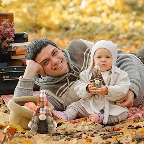 Gehydy Set of 2 Autumn Gonk Plush Thanksgiving Fall Tiered Tray Decorations Handmade Gnome Tomte Maple leaf Home Ornaments Buffalo Plaid Tabletop Party Figurines
