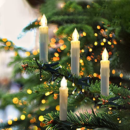 Ymenow Christmas Candles with Remote Timer, 10pcs (1.5 * 9cm) Waterproof Battery Operated Christmas Tree LED Taper Candles Floating Candles with 10 Clips for Xmas Tree Home Garden Decor - Warm White