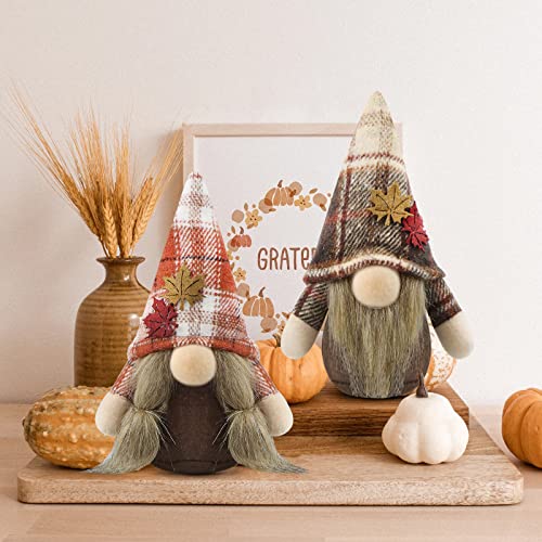 Gehydy Set of 2 Autumn Gonk Plush Thanksgiving Fall Tiered Tray Decorations Handmade Gnome Tomte Maple leaf Home Ornaments Buffalo Plaid Tabletop Party Figurines