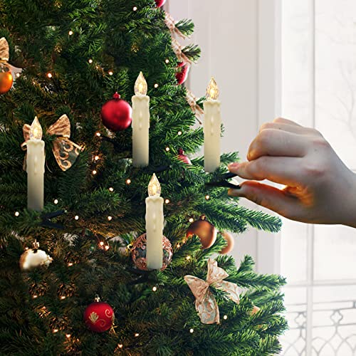 Ymenow Christmas Candles with Remote Timer, 10pcs (1.5 * 9cm) Waterproof Battery Operated Christmas Tree LED Taper Candles Floating Candles with 10 Clips for Xmas Tree Home Garden Decor - Warm White