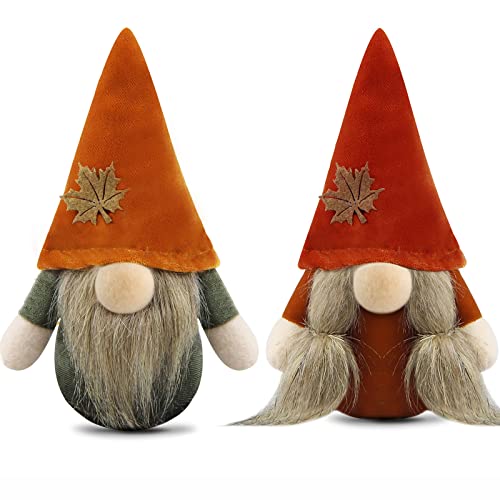 Gehydy Set of 2 Autumn Gonk Plush Thanksgiving Fall Tiered Tray Decorations Handmade Gnome Gift Tomte Maple leaf Home Ornaments Buffalo Plaid Tabletop Party Figurines