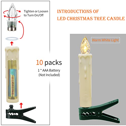Ymenow Christmas Candles with Remote Timer, 10pcs (1.5 * 9cm) Waterproof Battery Operated Christmas Tree LED Taper Candles Floating Candles with 10 Clips for Xmas Tree Home Garden Decor - Warm White