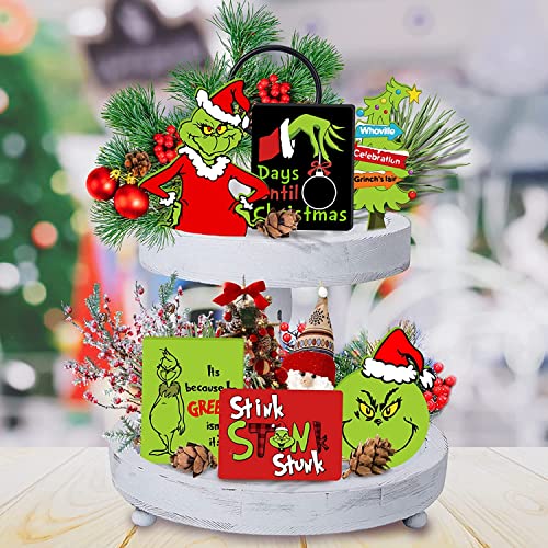 Christmas Tiered Tray Decorations Set - 6pcs Christmas Wooden Signs Table Centerpieces for Farmhouse Rustic Xmas Holiday Indoor Home Table Top Decorations