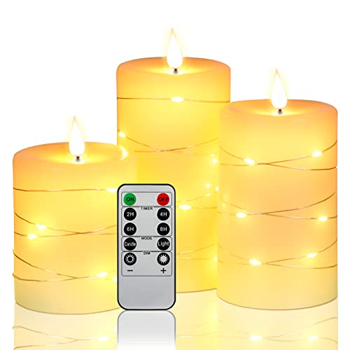 LED Candles, Battery Candles, with Embedded String Lights, Da by 3-Piece flameless Candles, with 10-Key Remote Control, 24-Hour Timer Function, Dancing Flame, Real Wax(Batteries not Included).