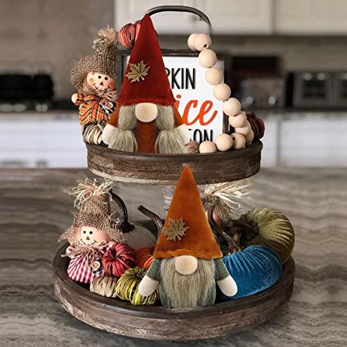 Gehydy Set of 2 Autumn Gonk Plush Thanksgiving Fall Tiered Tray Decorations Handmade Gnome Gift Tomte Maple leaf Home Ornaments Buffalo Plaid Tabletop Party Figurines