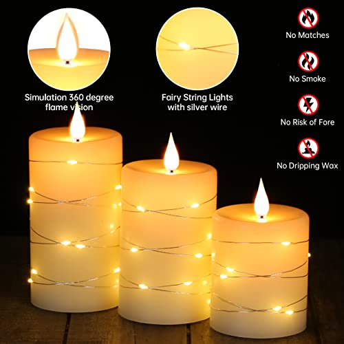 LED Candles, Battery Candles, with Embedded String Lights, Da by 3-Piece flameless Candles, with 10-Key Remote Control, 24-Hour Timer Function, Dancing Flame, Real Wax(Batteries not Included).