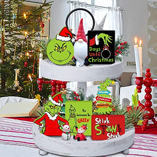 Christmas Tiered Tray Decorations Set - 6pcs Christmas Wooden Signs Table Centerpieces for Farmhouse Rustic Xmas Holiday Indoor Home Table Top Decorations