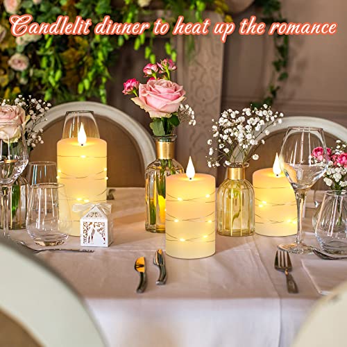 LED Candles, Battery Candles, with Embedded String Lights, Da by 3-Piece flameless Candles, with 10-Key Remote Control, 24-Hour Timer Function, Dancing Flame, Real Wax(Batteries not Included).