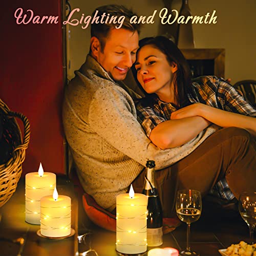 LED Candles, Battery Candles, with Embedded String Lights, Da by 3-Piece flameless Candles, with 10-Key Remote Control, 24-Hour Timer Function, Dancing Flame, Real Wax(Batteries not Included).