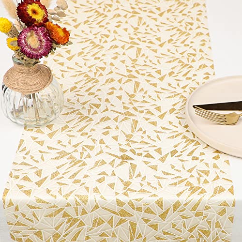 WELTRXE Table Runner, Sparkly Gold Sequins Fabric Roll, 28cm x 15M Shining Geometric Pattern Tulle Ribbon Rolls, Glittering Gift Packaging,Tabletop Decor,Birthday,Party,Wedding,Christmas Decoration