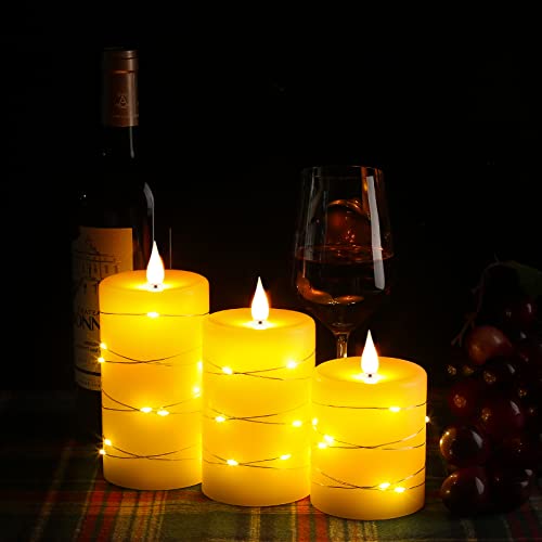 LED Candles, Battery Candles, with Embedded String Lights, Da by 3-Piece flameless Candles, with 10-Key Remote Control, 24-Hour Timer Function, Dancing Flame, Real Wax(Batteries not Included).