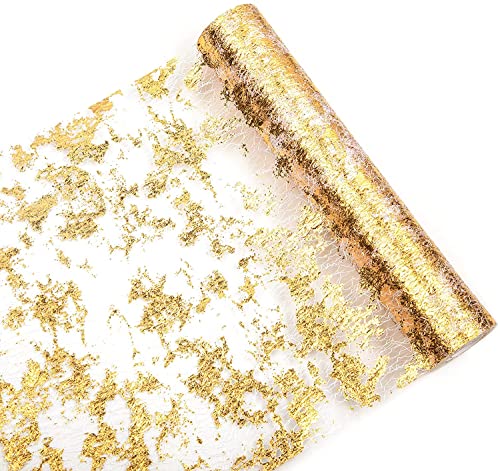 Table Runner, 28cm x 10M French Tulle Gold Table Runners with Gold Foil, Bright Table Top Decoration, Suitable for Birthday Party, Wedding, Dinner, Christmas Decoration