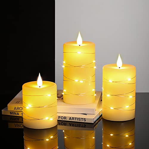 LED Candles, Battery Candles, with Embedded String Lights, Da by 3-Piece flameless Candles, with 10-Key Remote Control, 24-Hour Timer Function, Dancing Flame, Real Wax(Batteries not Included).