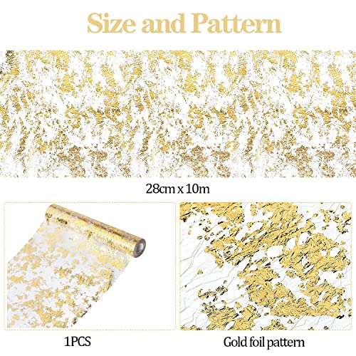 Table Runner, 28cm x 10M French Tulle Gold Table Runners with Gold Foil, Bright Table Top Decoration, Suitable for Birthday Party, Wedding, Dinner, Christmas Decoration