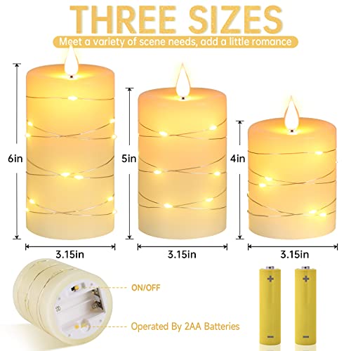 LED Candles, Battery Candles, with Embedded String Lights, Da by 3-Piece flameless Candles, with 10-Key Remote Control, 24-Hour Timer Function, Dancing Flame, Real Wax(Batteries not Included).