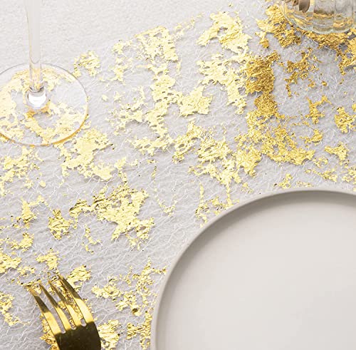 Table Runner, 28cm x 10M French Tulle Gold Table Runners with Gold Foil, Bright Table Top Decoration, Suitable for Birthday Party, Wedding, Dinner, Christmas Decoration