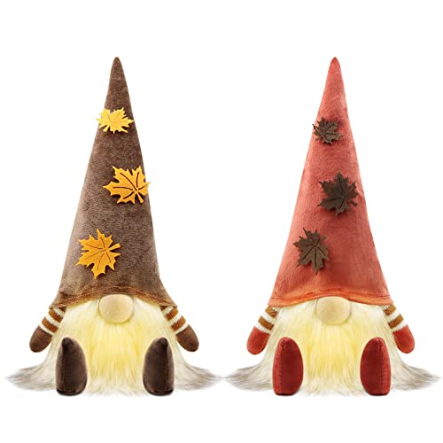 Gehydy Autumn Gonks Thanksgiving Gnome Plush Decorations - Tabletop Fall Maple Leaf Handmade Lighted Swedish Tomte Tiered Tray - Home Holiday Party Figurines farmhouse Ornaments Gift - 2Pcs