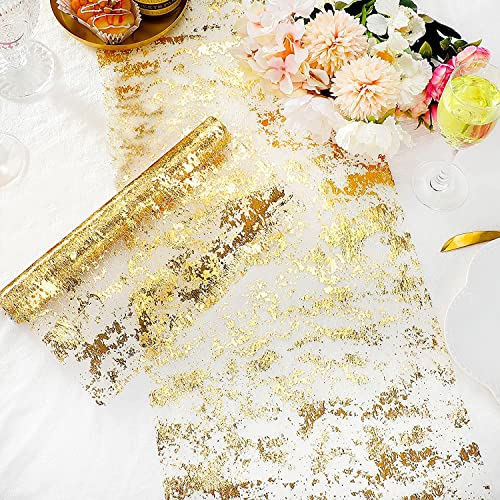 Table Runner, 28cm x 10M French Tulle Gold Table Runners with Gold Foil, Bright Table Top Decoration, Suitable for Birthday Party, Wedding, Dinner, Christmas Decoration