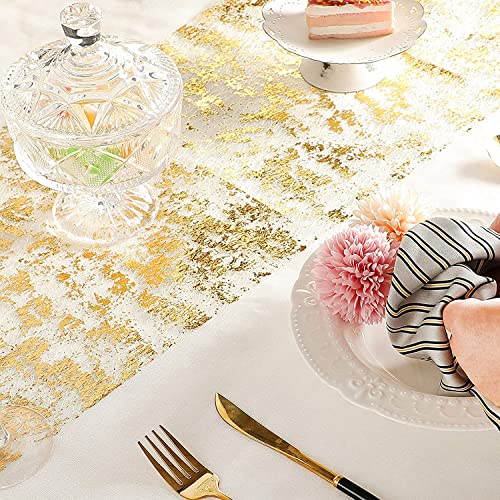 Table Runner, 28cm x 10M French Tulle Gold Table Runners with Gold Foil, Bright Table Top Decoration, Suitable for Birthday Party, Wedding, Dinner, Christmas Decoration