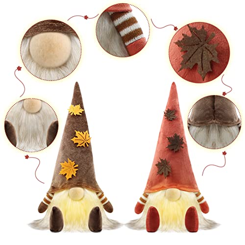 Gehydy Autumn Gonks Thanksgiving Gnome Plush Decorations - Tabletop Fall Maple Leaf Handmade Lighted Swedish Tomte Tiered Tray - Home Holiday Party Figurines farmhouse Ornaments Gift - 2Pcs