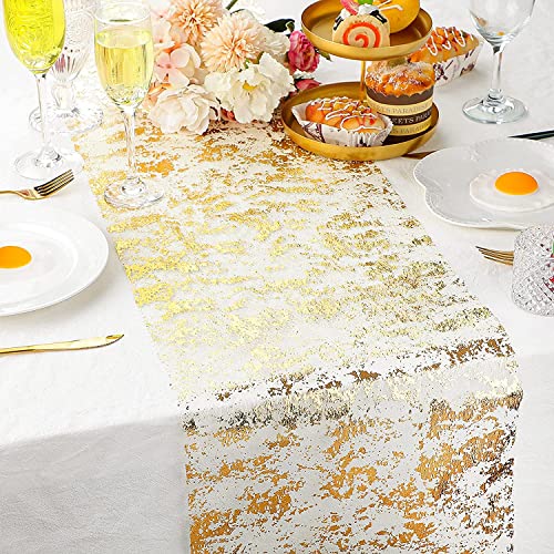 Table Runner, 28cm x 10M French Tulle Gold Table Runners with Gold Foil, Bright Table Top Decoration, Suitable for Birthday Party, Wedding, Dinner, Christmas Decoration